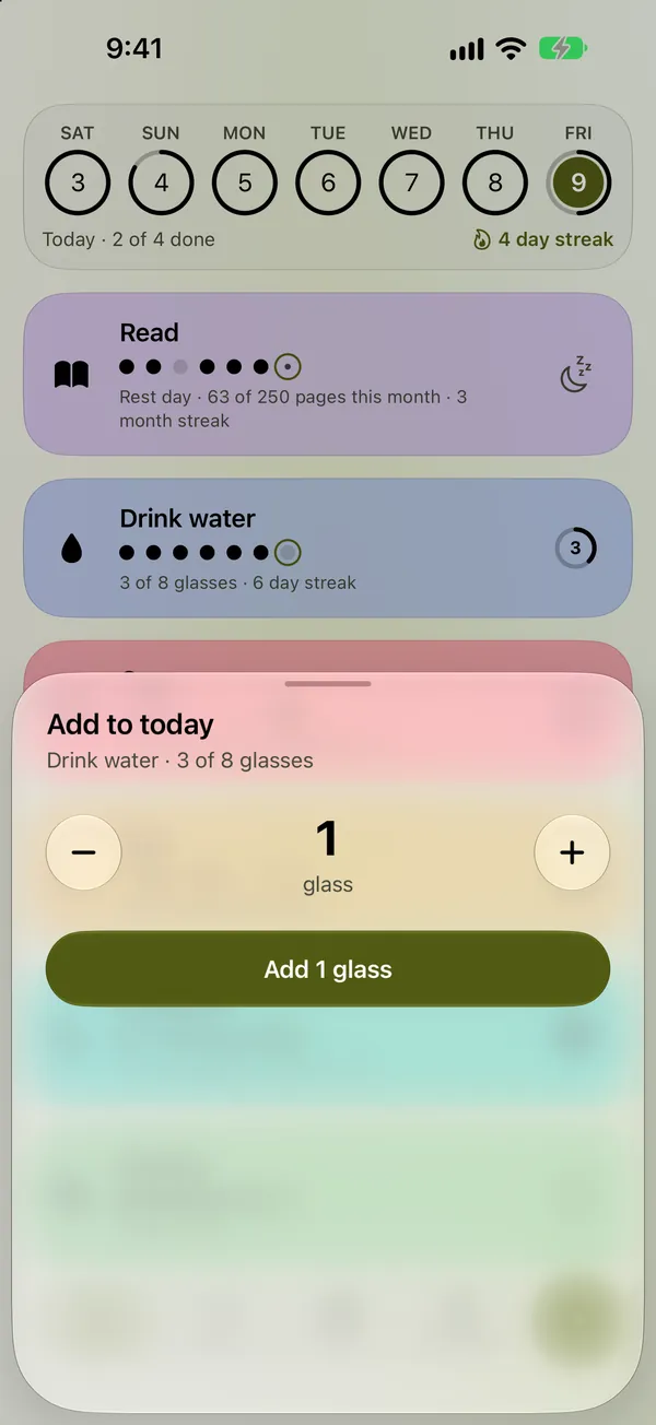 Adding to today in Glazzy: one glass, with a button that says Add 1 glass.