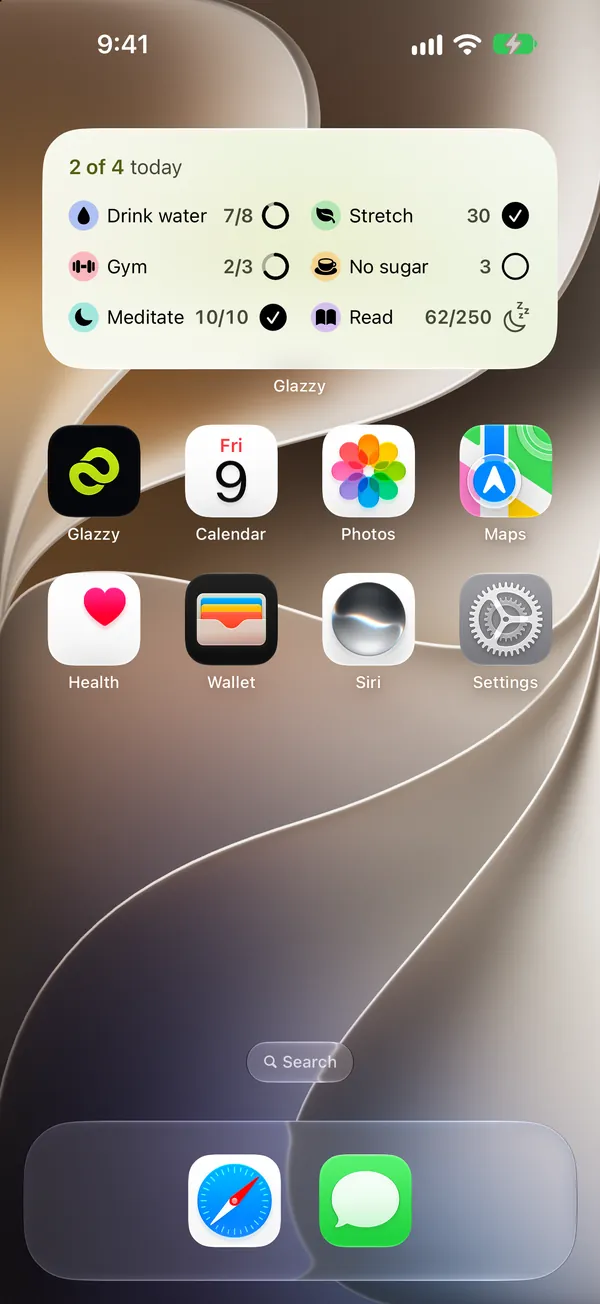 An iPhone’s Home Screen with Glazzy’s widget at the top: 2 of 4 today, and six habits with their checks.