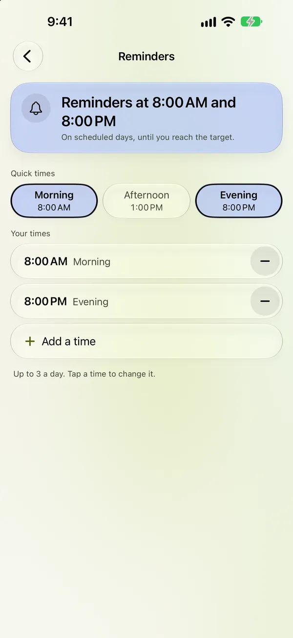 A habit’s reminders in Glazzy: 8:00 AM and 8:00 PM, with room for a third.