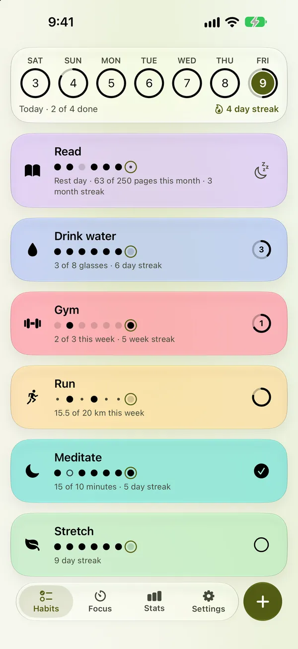 Glazzy’s Habits list with amounts: 3 of 8 glasses, 2 of 3 workouts this week, 15.5 of 20 km, each with a ring that fills.